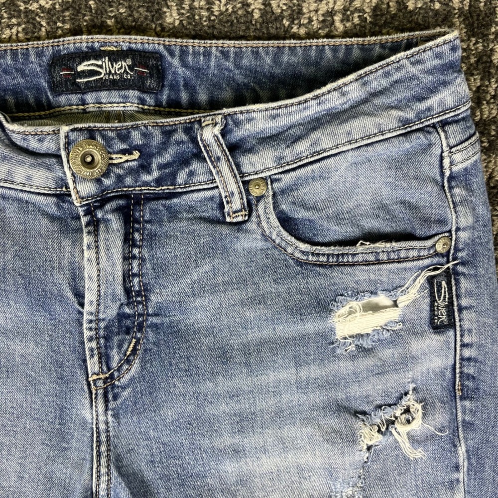 Silver Jeans Avery Slim Bootcut Jeans Womens W29 L33 Blue Distressed Side Slit - Picture 3 of 11